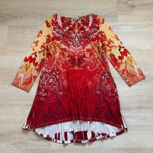 Vibrant One World Red and Yellow Abstract Floral Rhinestone Embellished Tunic - Picture 3 of 11